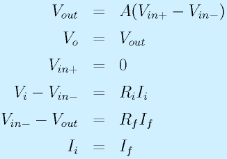 V_{out}&=&A(V_{in+}-V_{in-})\nonumber\\V_o&=&V_{out}\nonumber\\V_{in+}&=&0\nonumber\\V_i-V_{in-}&=&R_iI_i\nonumber\\V_{in-}-V_{out}&=&R_fI_f\nonumber\\I_i&=&I_f