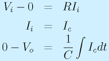 V_i-0&=&RI_i\nonumber\\I_i&=&I_c\nonumber\\0-V_o&=&\frac{1}{C}\int I_cdt