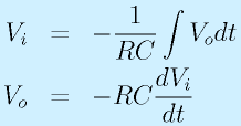 V_i&=&-\frac{1}{RC}\int V_odt\nonumber\\V_o&=&-RC\frac{dV_i}{dt}