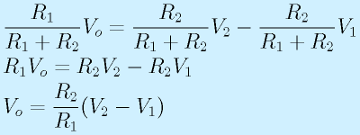 &&\frac{R_1}{R_1+R_2}V_o=\frac{R_2}{R_1+R_2}V_2-\frac{R_2}{R_1+R_2}V_1\nonumber\\&&R_1V_o=R_2V_2-R_2V_1\nonumber\\&&V_o=\frac{R_2}{R_1}(V_2-V_1)