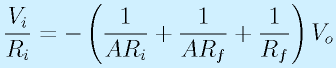 \frac{V_i}{R_i}=-\left(\frac{1}{AR_i}+\frac{1}{AR_f}+\frac{1}{R_f} \right)V_o