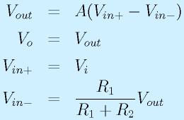 V_{out}&=&A(V_{in+}-V_{in-})\nonumber\\V_o&=&V_{out}\nonumber\\V_{in+}&=&V_i\nonumber\\V_{in-}&=&\frac{R_1}{R_1+R_2}V_{out}